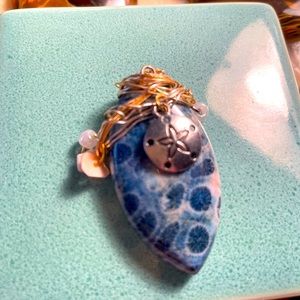 👌Beautiful Blue Chrysanthemun Coral Fossil Marquise Pendant!🌟